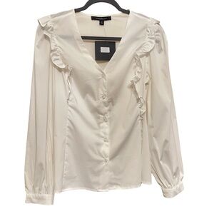 Ruffle Long Sleeve Shirt Top Women’s V neck off white Size Small Minimalist NWT